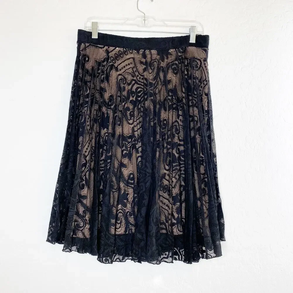 Oasis Black Lace Nude Overlay Pleated Midi Skirt Medium - Picture 7 of 7